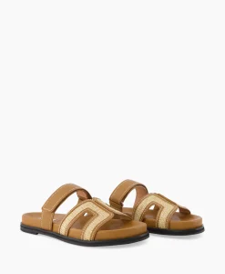 Cheap Sandaal Zonder Hak Leather And Rafia Licht Bruin Dames Sandalen