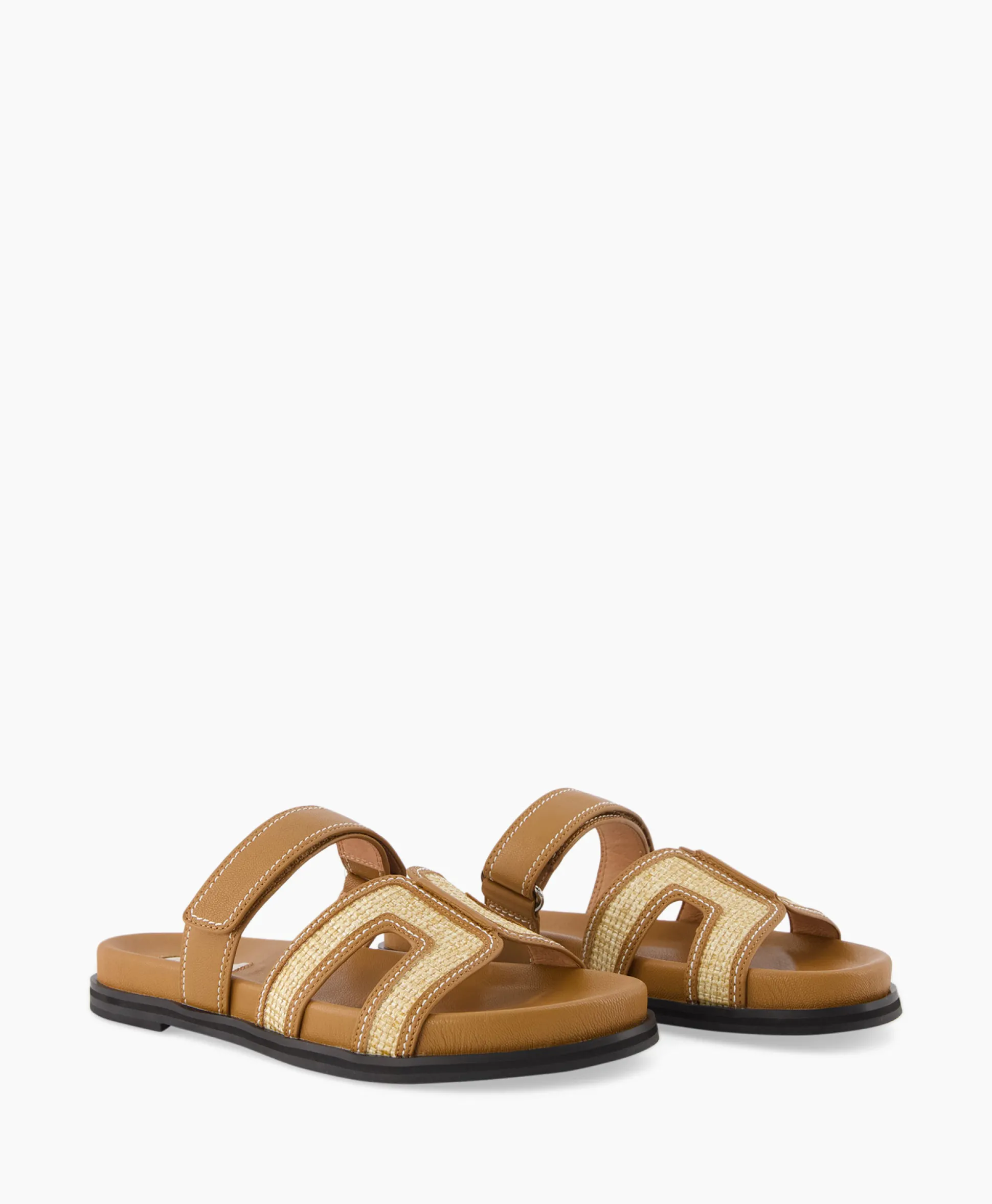 Cheap Sandaal Zonder Hak Leather And Rafia Licht Bruin Dames Sandalen