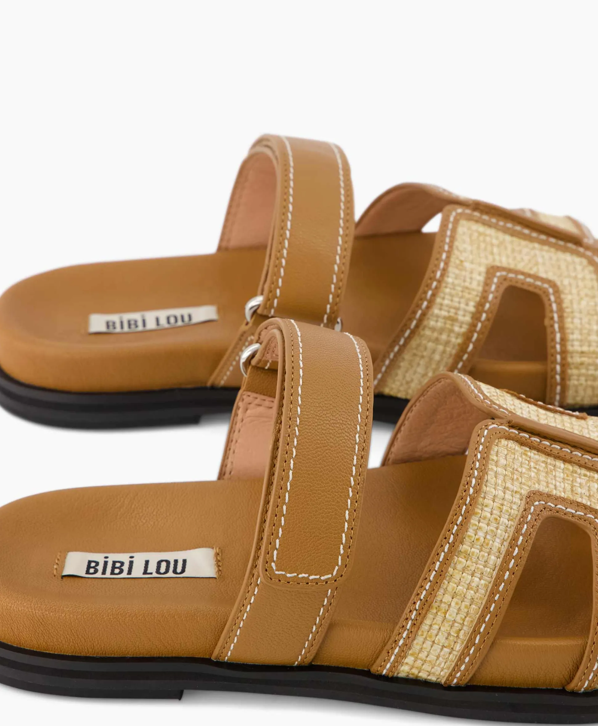 Cheap Sandaal Zonder Hak Leather And Rafia Licht Bruin Dames Sandalen