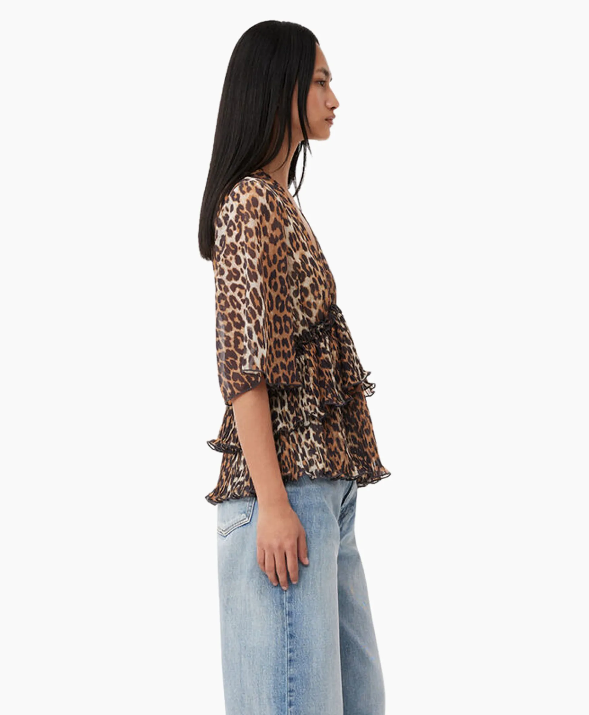 Fashion Blouse Pleated Georgette V-Neck Flounce Bruin Dames T-Shirts & Tops