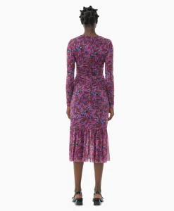 Store Midi Jurk Printed Mesh Long Sleeve Gathered Roze Dames Jurken