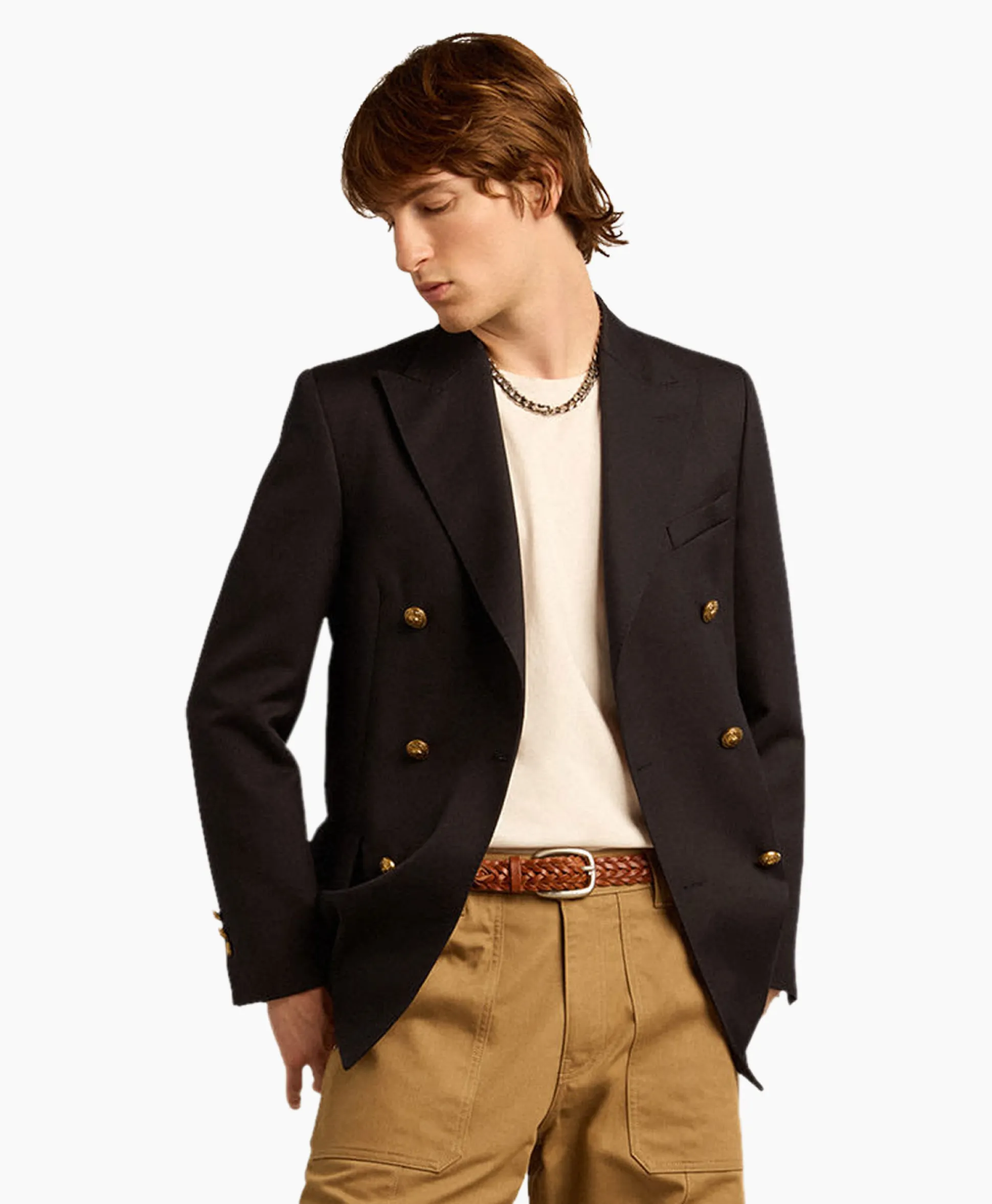 Hot Blazer Golden M's Double Breasted Gabardine Wool Donker Blauw Heren Colberts
